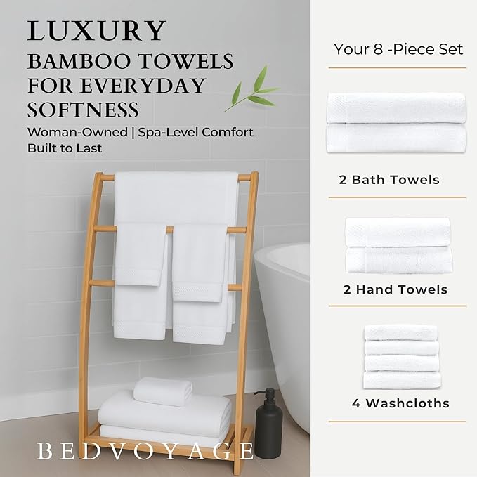 BedVoyage Luxury Bath Towels Set of 8 - Ultra Soft Plush Bathroom Towel Set - Highly Absorbent Viscose from Bamboo Bath Towels Ultra Soft - Spa Towel for Body - White