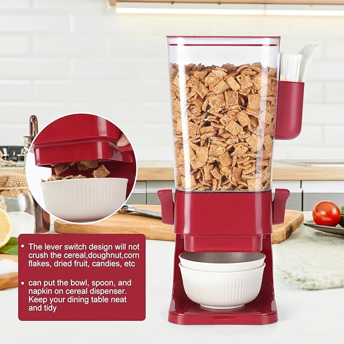 Cereal Dispenser Countertop Red 2 Pack with Creal Bowls Spoons Cutlery Box, Cereal Containers Storage - Not Easy to Crush Food, Dry Food Dispenser For Pantry Candy Snack
