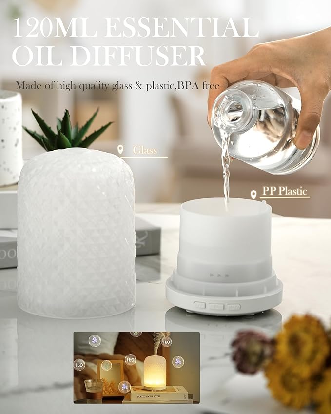 Essential Oil Diffuser – 2.4MHz Ultrasonic Aromatherapy Diffuser, Health Night Light, Timer & Auto Shut-Off, BPA-Free, 120ml Glass Oil Diffuser for Home, Office, Spa, Yoga