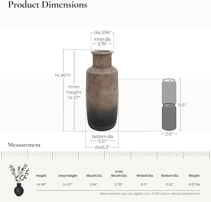 LuxenHome Rustic Ceramic Flower Vase,15'' Tall Brown Ombre Pottery Terracotta Narrow Floor Vases Home Decor,Farmhouse Vintage Vases for Living Room Decor,Modern Decorative Vase Home Décor Accents