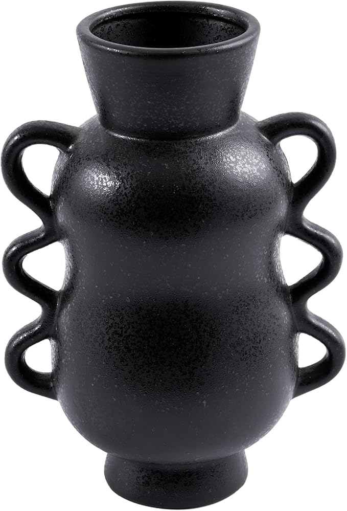 DN DECONATION Black Ceramic Vase Home Decor with Wave Handles, 10'' Tall Rustic Farmhouse Flower Vase for Table Centerpiece, Bookshelf, Living Room, Office, Modern Nordic Minimalist Decorative Vases