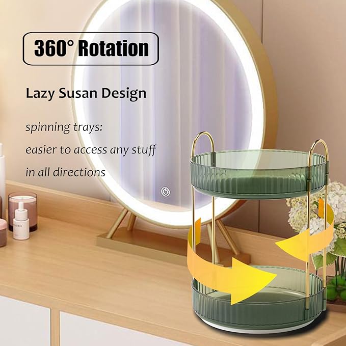 Rotating Makeup Organizer Countertop 2 Tier Lazy Susan Trays Clear Skincare Perfume Storage for Bathroom Counter Vanity, Green Gold