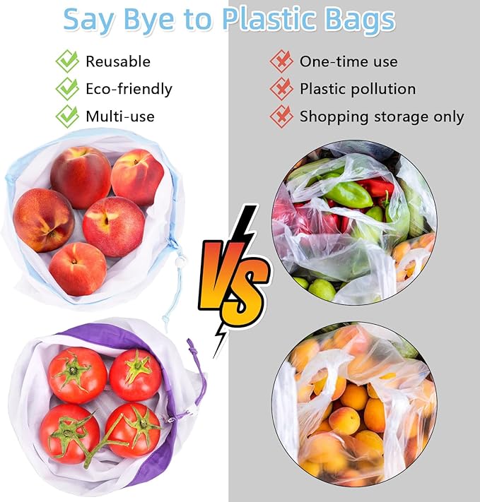 JUNGYOON 9-Pack Reusable Produce Bags & Vegetable Bags – Heavy Duty Washable Mesh Grocery Bag with Drawstring Closure, Eco-Friendly Storage for Farmers Market, Groceries, Beach & Fridge (L, M, S)