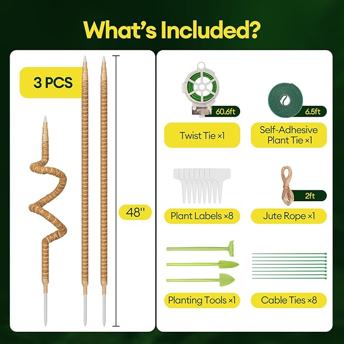 3-Pack 48” Bendable Moss Pole Monstera Plant Support for Climbing Indoors Plants, Coir Moss Poles Moss Sticks Plant Pole DIY, Plant Support Stake for Potted Plants