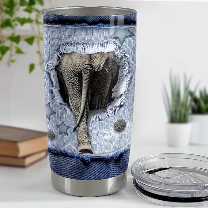 SANDJEST Elephant Tumbler 20oz Stainless Steel Insulated Tumblers Coffee Travel Mug Cup Jeans Drawing Style Elephants Gifts for Women Men Gift for Birthday Christmas