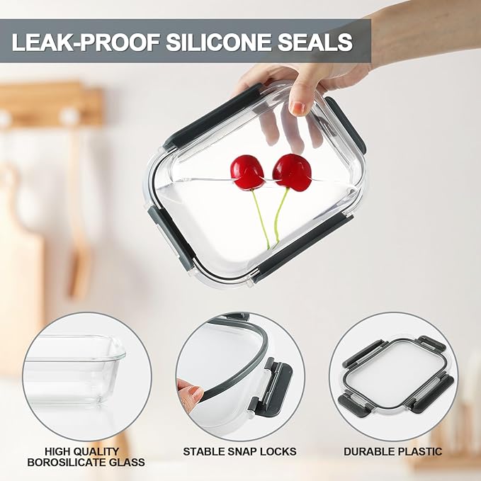 KAMOTA Glass Food Storage Containers, Grey Glass Meal Prep Containers, Airtight Containers with Snap-Lock Lids, Set of 12, for Microwave/Oven/Freezer/Dishwasher