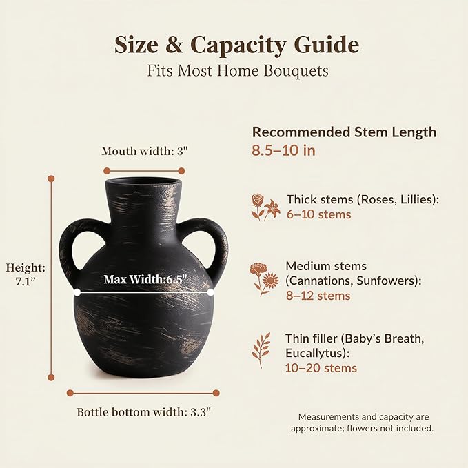 7.1-Inch Black Ceramic Flower Vase with Handles, Rustic Farmhouse Boho Pottery Decor for Table, Living Room & Shelf