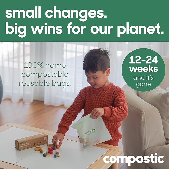 Compostic Home Compostable Resealable Snack Bags (6"x 3.5"), Microwave & Freezer Safe, Organic Food Storage Container, 200 Count