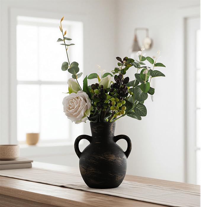 7.1-Inch Black Ceramic Flower Vase with Handles, Rustic Farmhouse Boho Pottery Decor for Table, Living Room & Shelf