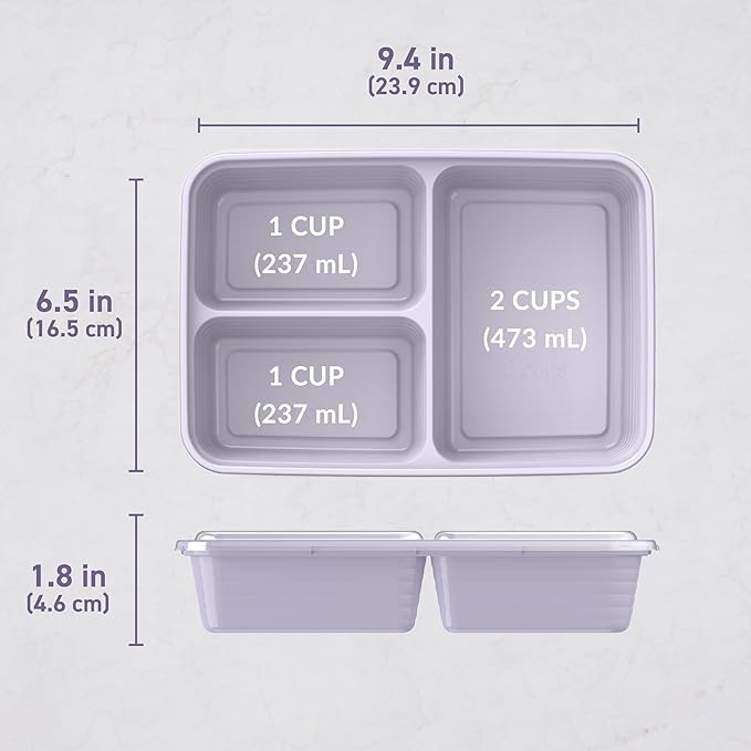 Bentgo Prep - 20-Piece 3-Compartment Reusable Meal Prep Containers with Lids, PFAS & BPA Free Materials, Durable, Microwave, Freezer, & Dishwasher Safe To Go Food Storage (Lilac)