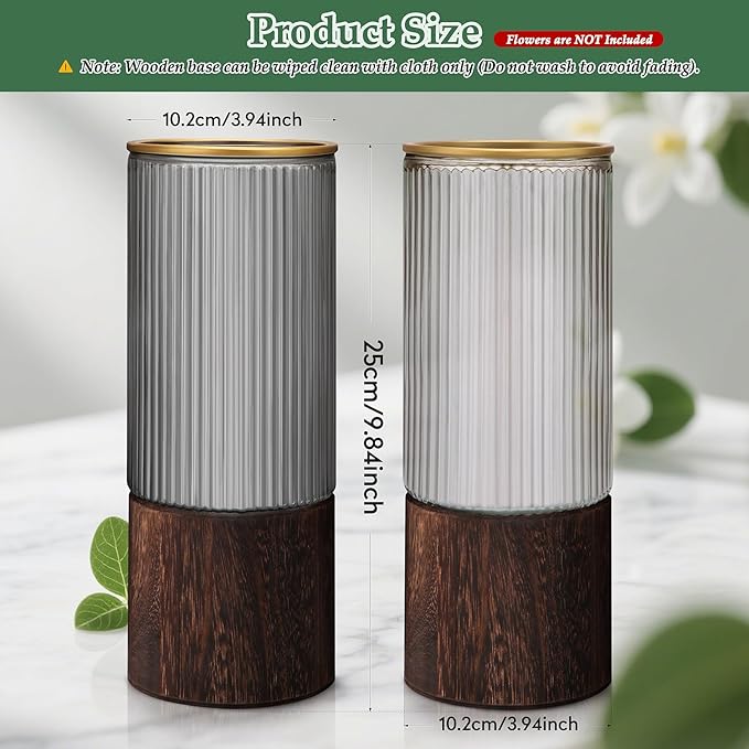 Ribbed Glass Vase Set of 2 Vases for Flowers,10" H Wood Glass Vase with Solid Wooden Base,Rustic Flower Vase for Home Decor,Living Room,Bedroom,Kitchen,Dining Table,Fireplace,Office(Gray & Clear)