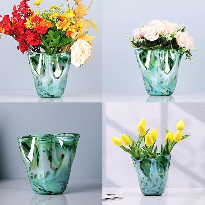 Hand Blown Glass vase Decorative, Teal Wide Mouth Petal vase, Modern Art Design Decorative vase for Home Decor Living Room, Console Centerpiece, Table and Wedding.huaban (E-3)