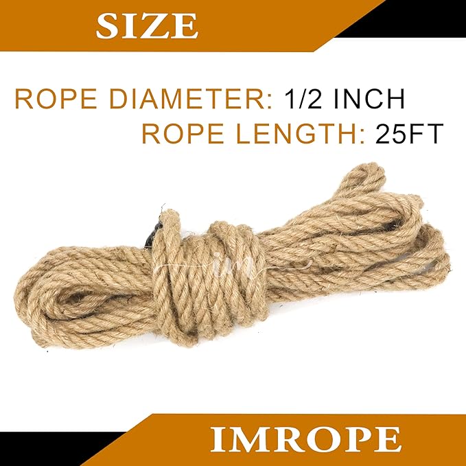 1/2 Inch Diameter Jute Rope, IMROPE Natural Jute Rope Twisted 4 Strands 25 Ft for DIY Arts Crafts, Garden, Home Decorating, Hammock for Indoor and Outdoor Use