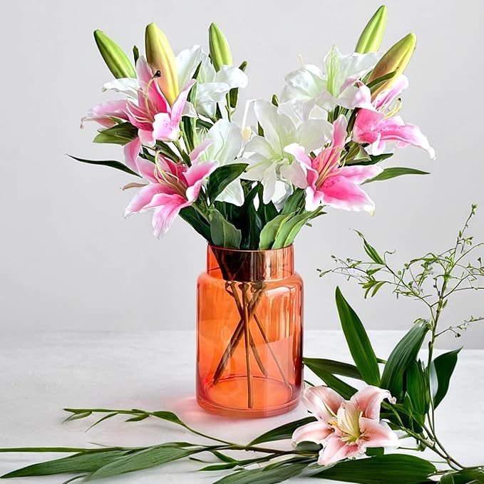 BLOFLO Orange Glass Vase, 9 Inch Large Glass Vase for Flowers, Modern Thick Glass Flower Vases for Centerpieces, Decorative Glass Cylinder Hydroponic Vase for Wedding, Home, Office (Orange, 9Inch)