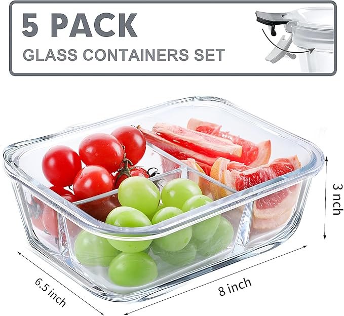 VERONES 5 Pack Glass Meal Prep Containers 3 Compartment Set, 36OZ Airtight Glass Lunch Containers, Glass Food Storage Containers with Lids, for Microwave, Oven, Freezer & Dishwasher Friendly,Grey