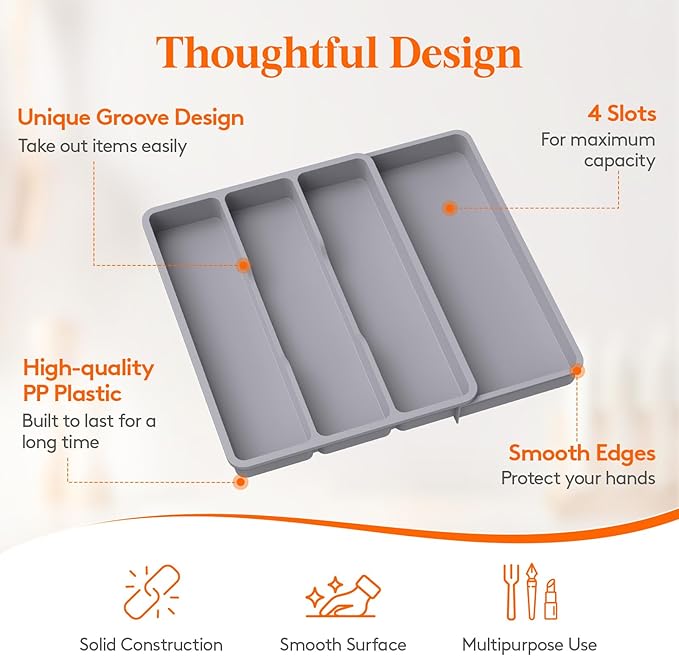 Lifewit Utensil Drawer Organizer, Expendable Cooking Silverware Tray for Kitchen Drawer, Adjustable Cutlery Flatware Holder, Plastic Spatula Tools and Gadgets Storage Divider, 4 Compartments, Gray