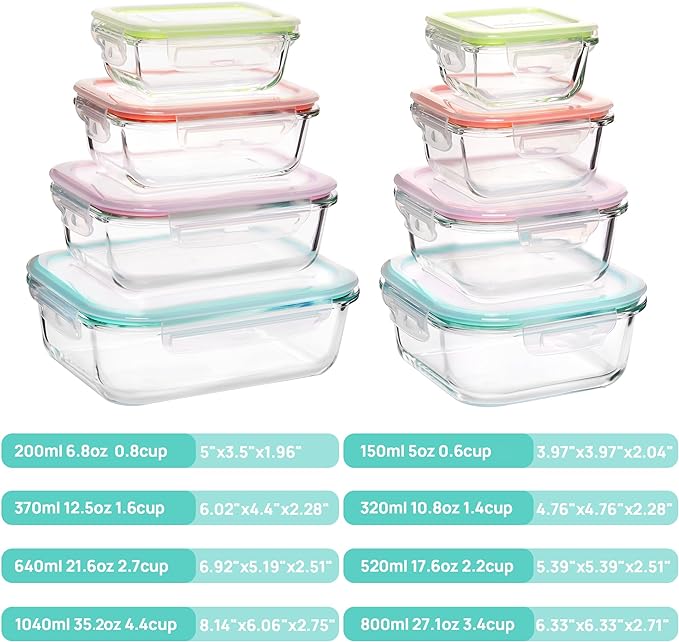 Vtopmart 8 Pack Glass Food Storage Containers with Airtight Lids, Glass Meal Prep Containers, Lunch Containers for Microwave, Oven, Freezer and Dishwasher, BPA Free