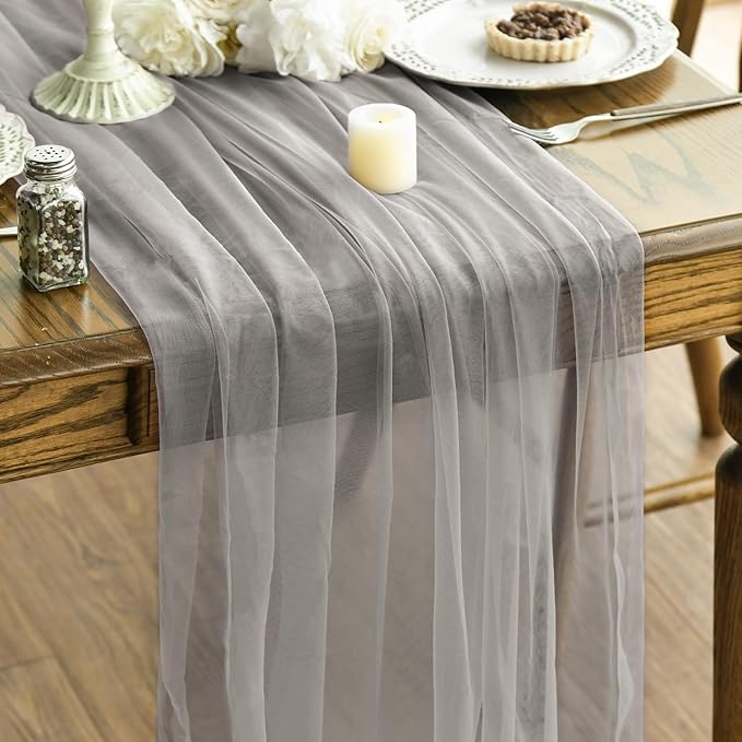 Artoid Mode 6PCS Grey Gauze Table Runner 120 Inch 10FT, Seasonal Sheer Kitchen Dining Holiday Wedding Birthday Baby Shower Table Decor for Home Party