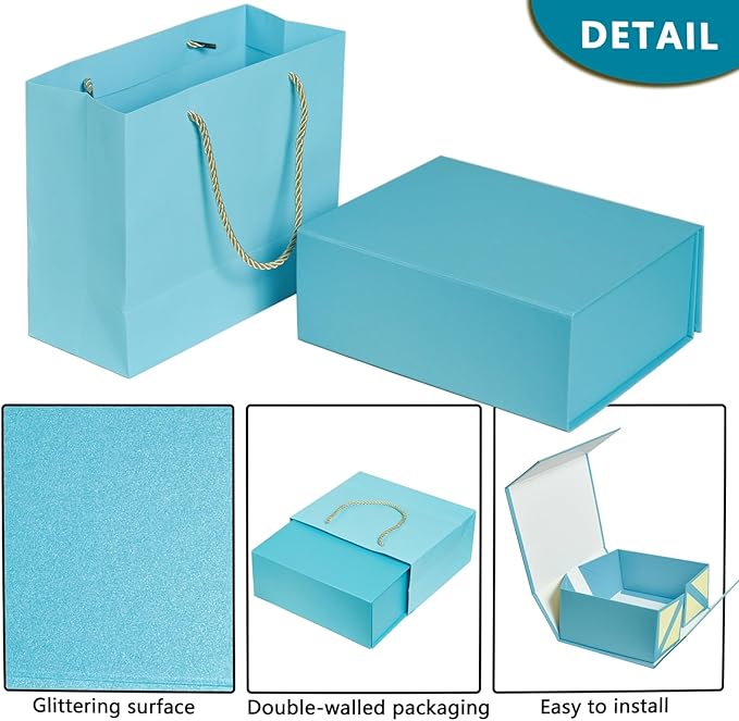 Elegant Gift Boxes with Gift Bag for Presents with Lids Magnetic Closure Rectangle Collapsible for Christmas, Valentine's Day, Birthday Gift Packging (Blue)