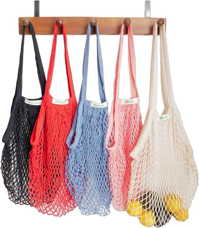 meetall Mesh Grocery Bags, Reusable Tote Bags with Sturdy Handle, Washable, Eco Friendly, Cotton String Net, for Shopping and Storage Fruit Vegetable (5 Pack, One Size, Off White/Pink/Blue/Red/Black)