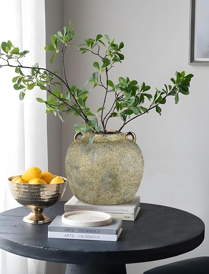 7.9" Vintage Farmhouse Vase, Rustic Ceramic Flower Vase with 2 Ears, Electroplated Terracotta Boho Vases Decor, Decorative Vases for Home Decor, Living Room, Mantel, Entryway, Wedding, Tabletop Decor