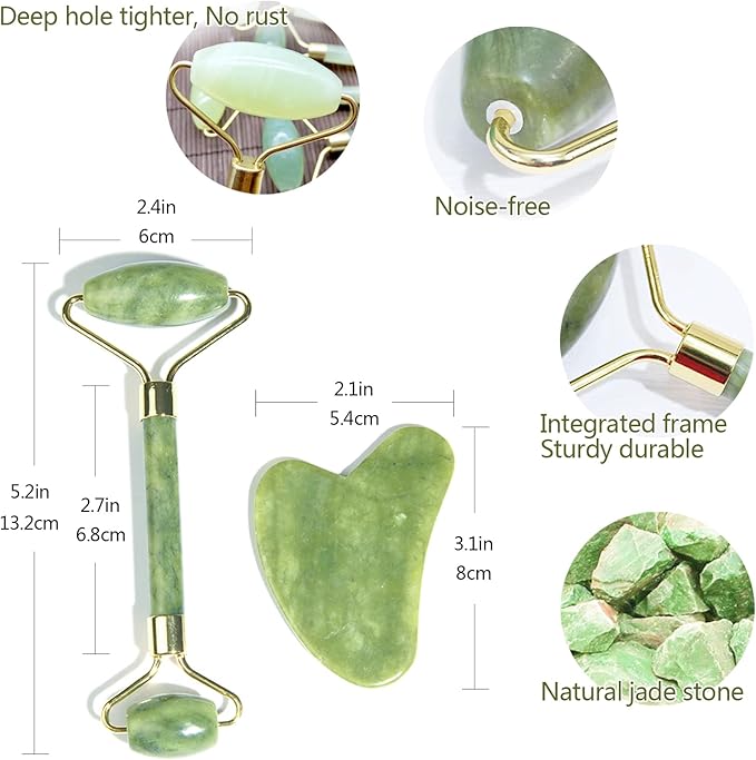 Jade Roller & Gua Sha Set，facial roller，Jade Roller Gua Sha Board Massage Tool Set，Facial Skin Care Roller Massager Muscle Relaxing Wrinkles Relief, Whole Body Relive Devices (green)