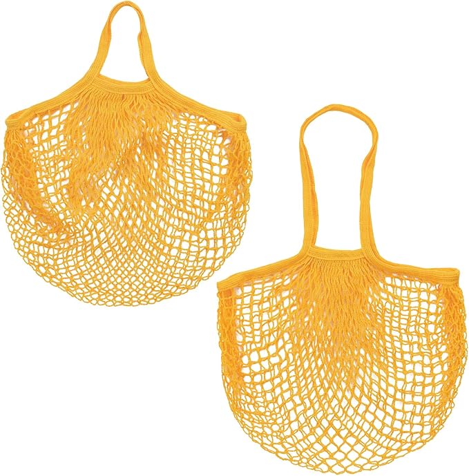 2-Pack Cotton Mesh Bag, Reusable Washable Mesh Net String Grocery Bags, Reusable Produce Bags with Handle, Net Tote Bag for Fruits/Vegetables Shopping [Yellow, Long&Short Handle]