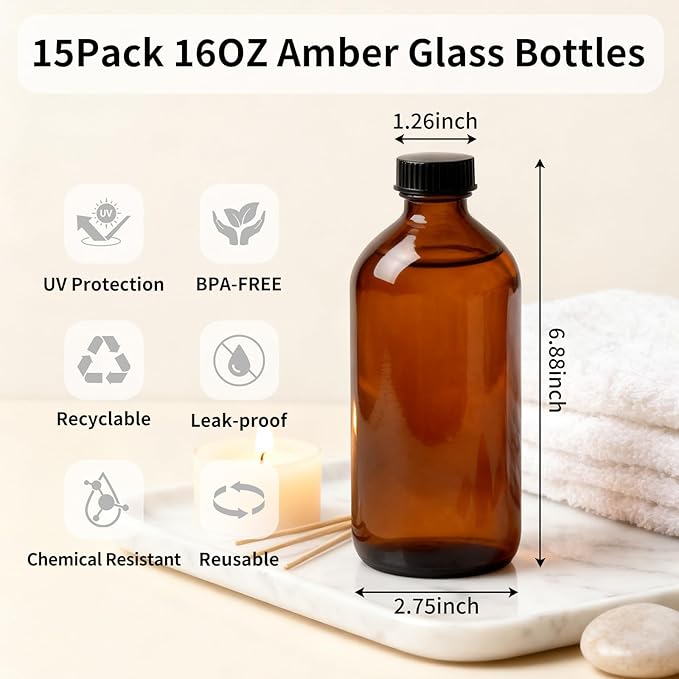 15 Pack 16 oz Amber Glass Boston Round Bottles with Phenolic Polycone Caps – Airtight, Leak-Proof Brown Bottles for Kombucha Brewing, Storing Condiments, Essential Oils, and Homemade Solutions