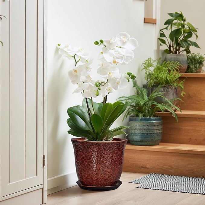 10 Inch Plant Pot - Ceramic Pots for Plants with Drainage Hole and Saucer, Round Flower Pot for Indoor Outdoor, Modern Ceramic Planter, Garden Room Home Decor, House Warming Gifts, Red