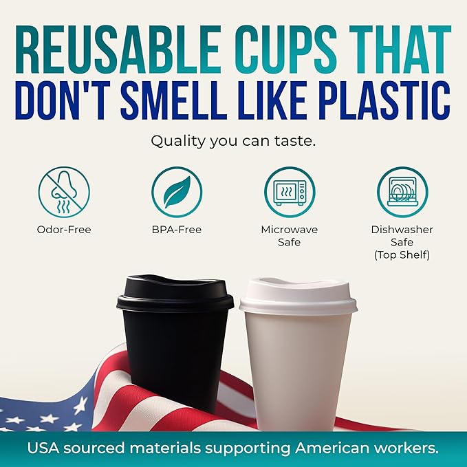 Rolling Sands USA Made 16 oz Reusable Coffee Cups with Lids 2 Pk, To Go Travel Cups, Hot or Cold Drinks, Dishwasher and Microwave Safe, Black and White