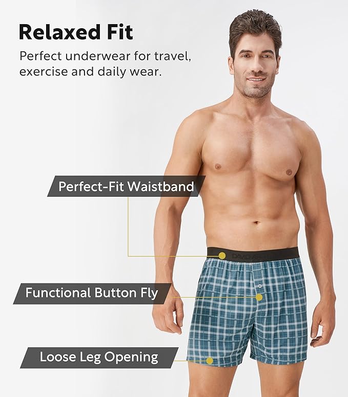 DAVID ARCHY Mens Underwear Bamboo Rayon Boxers for Men Breathable and Cool Men's Boxer Shorts with Button Fly 3 or 5 Pack