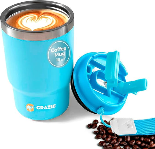 Insulated Stainless Steel Coffee Mug 16 oz with Flip Straw Lid Double Wall Vacuum Travel Tumbler for Hot and Cold Drinks Leakproof Portable Reusable Cup for Work Camping Hiking School Gym Ocean Mist