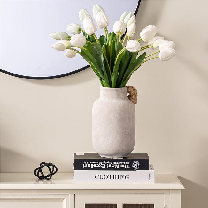 Ceramic Flower Vase Home Decor - 9.7 inch Large White Rustic Table Flowers Vases Living Room Bedroom Plant Decoration Farmhouse Vintage for Kitchen Shelf Office Coffee Dining Desk House Women