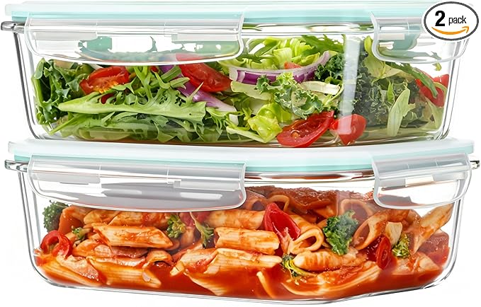 Vtopmart 2Pack 1500ml/50.7oz Large Glass Storage Containers with Lids, Meal Prep Food Container Set with Snap Airtight Lid for Baking, Microwave, Oven, Leak Proof, for Freezer, Dishwasher, Green