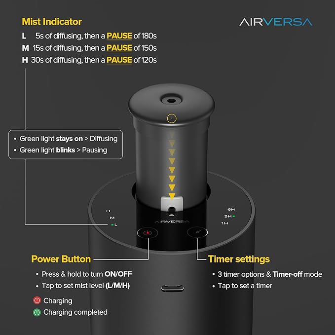 Airversa Waterless Essential Oil Diffuser for Home Aromatherapy Scent Diffusers with 3 Countdown Timer Settings or Timer-Off, 3 Mist Levels for Car Room Studio Office, ANX Premium Metal Silver