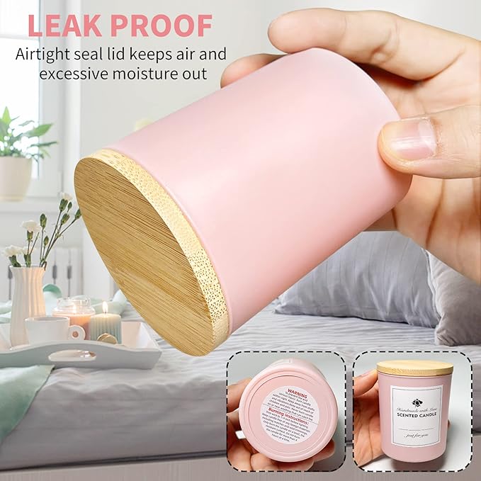 SUPMIND 12 Pack 10oz Pink Glass Candle Jars for Making Candles with Bamboo Lids Sticky Labels Warning Labels for Making Candles Empty Containers - Dishwasher Safe