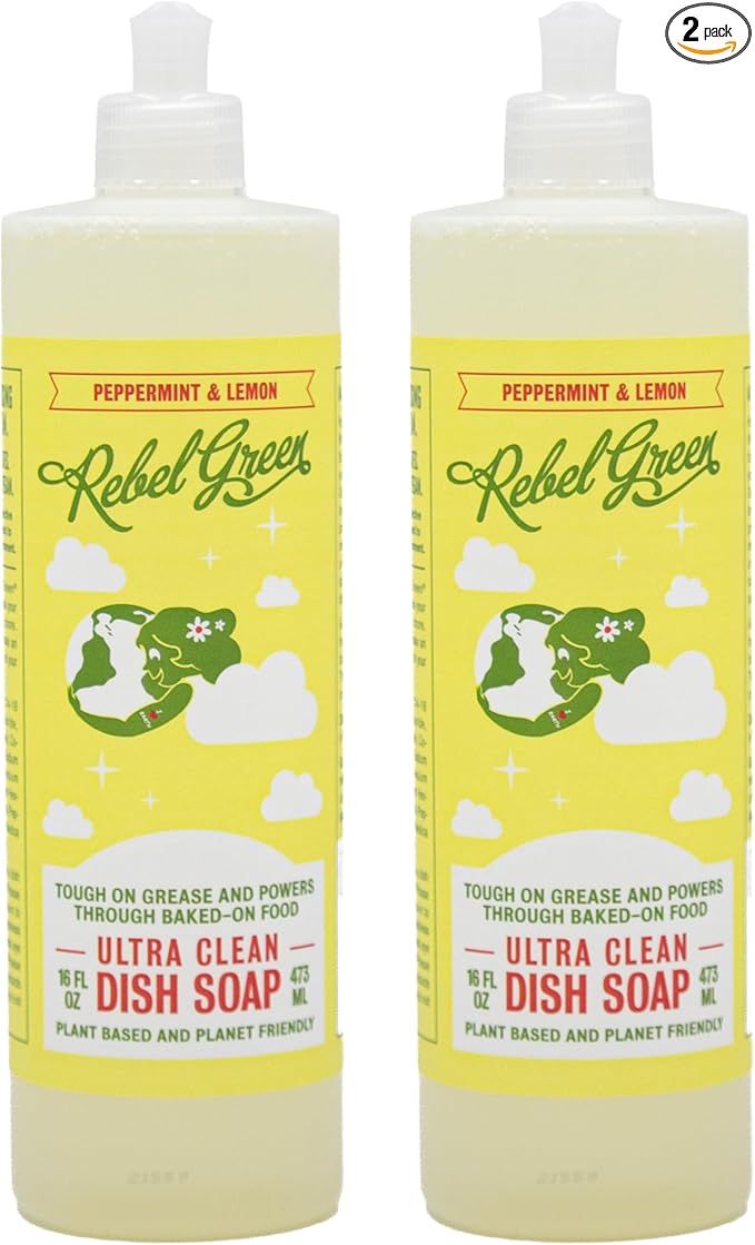Rebel Green Super Deluxe Dish Soap - Plant-Based Sustainable Dishwashing Soap - Peppermint & Lemon Scent - 16 fl oz - 2 Pack