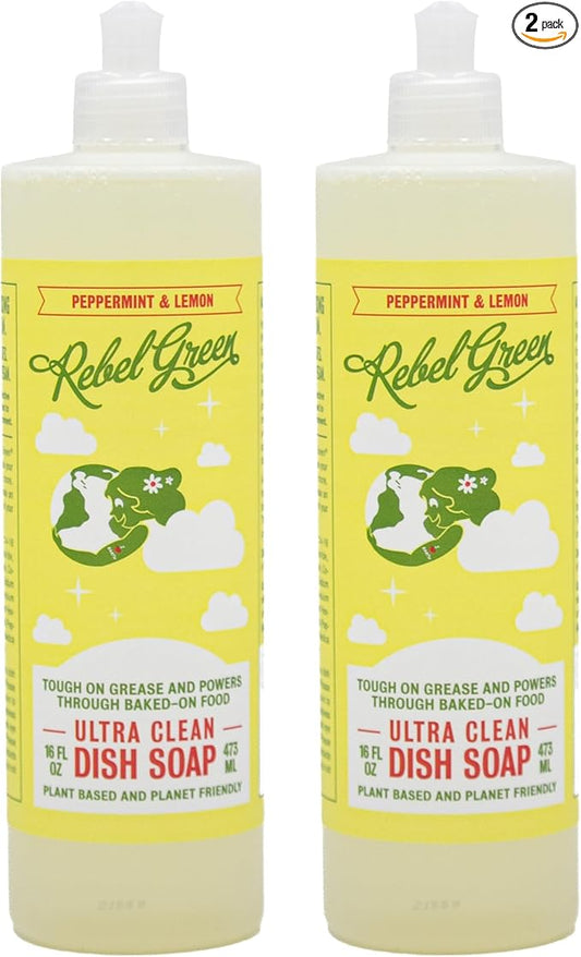 Rebel Green Super Deluxe Dish Soap - Plant-Based Sustainable Dishwashing Soap - Peppermint & Lemon Scent - 16 fl oz - 2 Pack