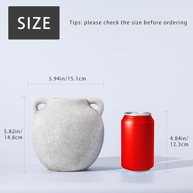 Small Ceramic White Vase - Short Rustic Flower Vases - 6 Inch Christmas Decorative Vase, Vintage Terracotta Vase with Hadle for Home Decor,Living Room Shelf Decor Table, Lyeec