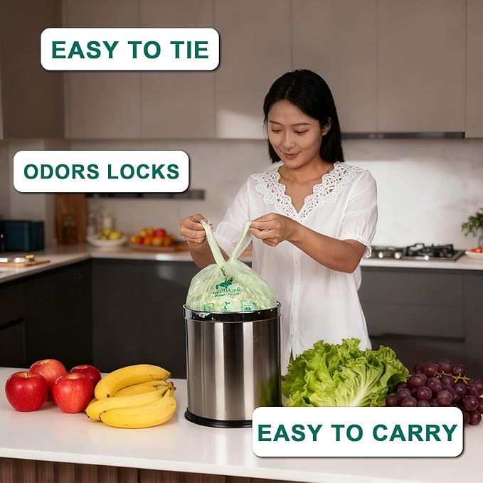 1.6 Gallon 100 Count,Compostable Bags Handle Tie,Tear Resistant Kitchen Food Scrap Waste Bag, ASTM D6400, US BPI and Europe OK Compost Home Certified