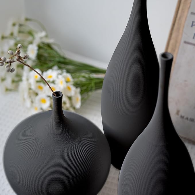 Black Ceramic Vase Modern Boho Wabi-Sabi Flower Vase Set of 3 Decorative Aesthetic Vases for Centerpieces Matte Minimalist Vases for Living Room Table Shelf Home Decor Gift