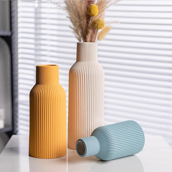 Colorful Ceramic Vases Set of 3, Colorful Ribbed Decorative Vases - Table Centerpieces for Wedding, Living Room, Office & Shelf Decor