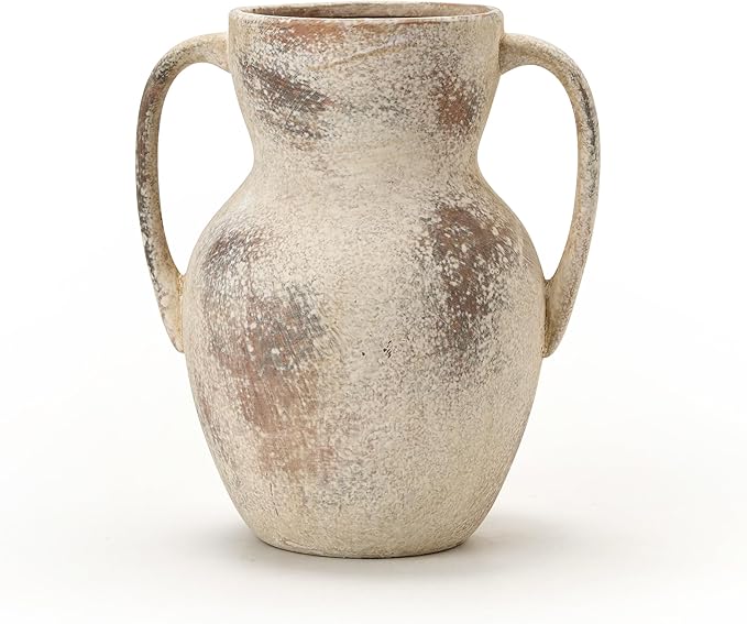 Antique Ceramic Rustic Vase with 2 Handles, Farmhouse Round Flower Vase, Vintage Terracotta Vases for Home Decor, Wedding, Living Room, Table, Shelf Decor - 8.6 Inch Tall, Terra
