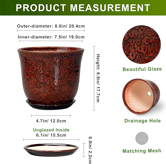 Ceramic Planter - 8 Inch Plant Pot for Indoor Outdoor, Ceramic Flower Pots with Drainage Hole and Saucer, Round Planter, Decorative Plant Pot, Room Home Apartment Decor, Gift for Women, Red