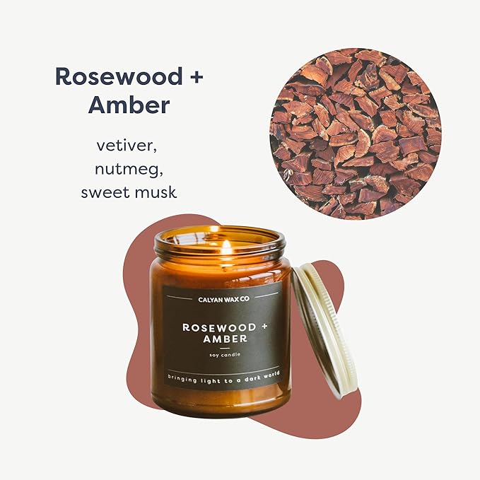 Calyan Wax Co. Rosewood & Amber Scented Candle - 57 Hour Burn - Luxury Non Toxic Soy Wax Candles - Long Lasting Amber Glass Jar Candle for Home - 7.2oz