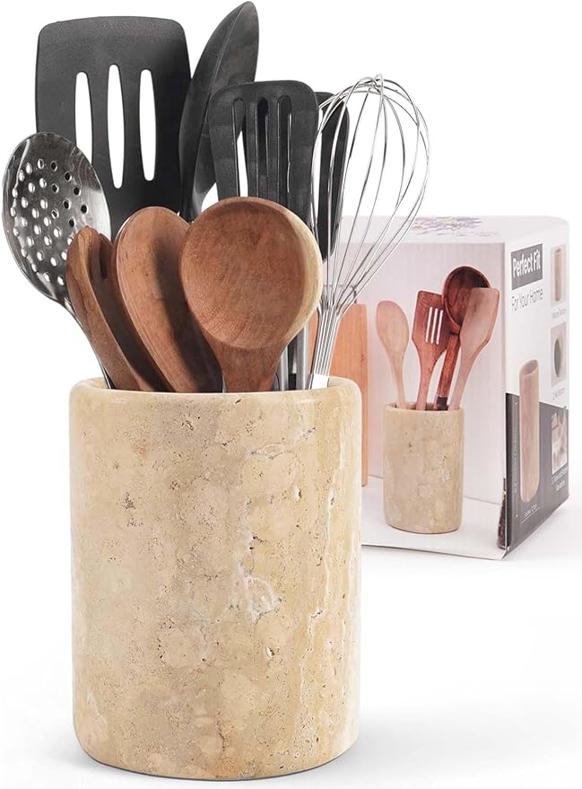 Marble Utensil Holder 6.5 Inch Wooden Cooking Utensils Set & Spatula Organizer for Kitchen Counter Decor - Travertine Utensil Crock & Stone Caddy for Spoon Holder & Modern Farmhouse Decor