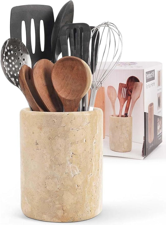 Marble Utensil Holder 6.5 Inch Wooden Cooking Utensils Set & Spatula Organizer for Kitchen Counter Decor - Travertine Utensil Crock & Stone Caddy for Spoon Holder & Modern Farmhouse Decor