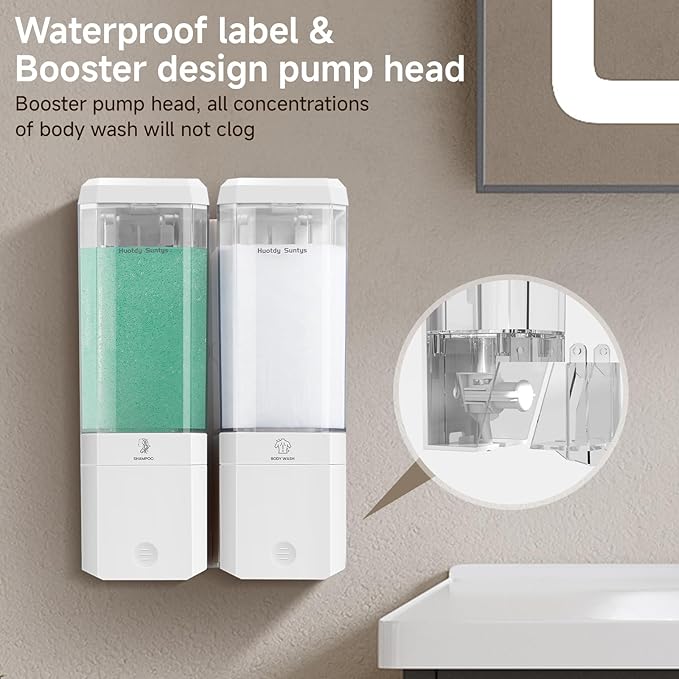 Shower Soap Dispenser Wall Mounted Shower Dispenser 2 Chamber No Drill Shampoo and Conditioner Dispenser Refillable Shampoo Dispener for Shower 2 * 500ml for Bathroom Hotel (Cream White 2 Chamber)
