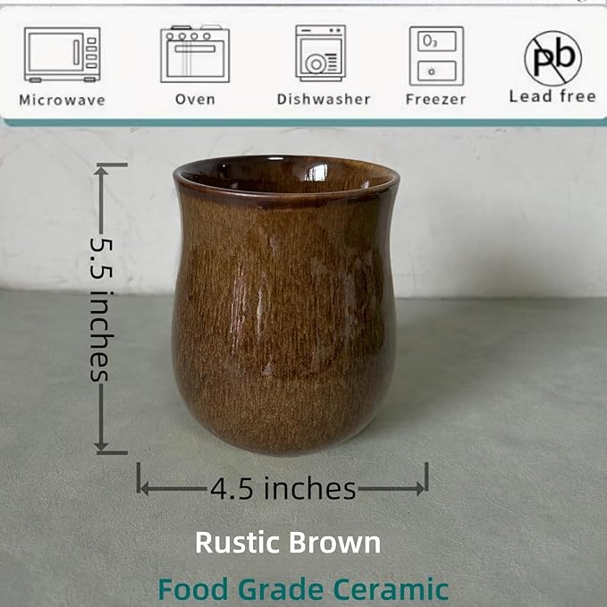 Medium Ceramic Kitchen Utensil Holder for Kitchen Counter Short Cooking Utensil Holder for Countertop Spatula Holder Small Utensil Crock Cutlery Holder Silverware Caddy Flower Vase (Rustic Brown)