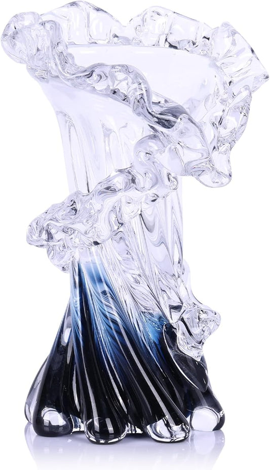 Hand Blown Blue Glass Vase, Unique Art Beautiful Ocean Glass Vase for Home Centerpiece, Coffee Table, Living Room, Office Decor - 8" H